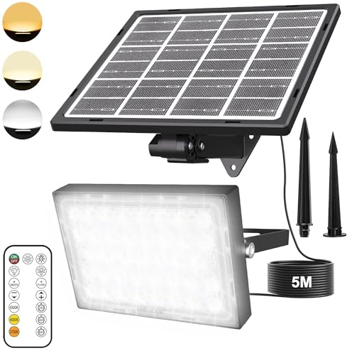 MEIKEE Projecteur Led Extérieur avec Panneau Solaire, 400LM Ultra Lumineux, 3 Modes de Lumière, Couleur/Luminosité/Temporisation Réglable, Étanche IP66, Projecteur Solaire pour Jardin Garage Cours