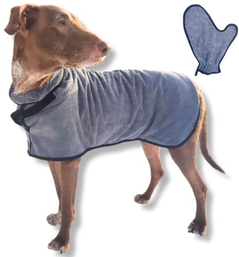 Bademantel Set für Hunde, Hundebademantel und Handschuh aus Mikrofaser für kleine,mittlere und große Hunde - Grau Badetuch Hund Hundehandtuch schnell trocknend, super saugfähig, für Hunde und Katzen