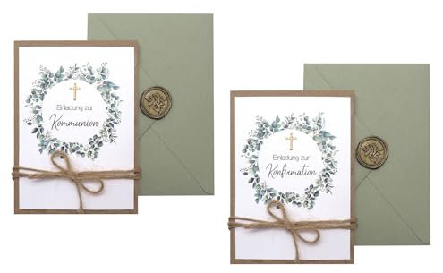 ZauberDeko Einladungskarte mit Briefumschlag Personalisiert Kommunion Konfirmation Eukalyptus Olive Kraft Kreuz