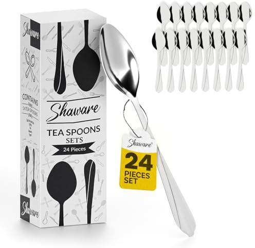 Shaware Teaspoons Set of 24 - Size of 140mm x 32mm x 2mm - Stainless Steel & Dishwasher Safe Tea Spoons Set of 24 for Dessert, Tea, Restaurants and Parties… (Pack of 24)