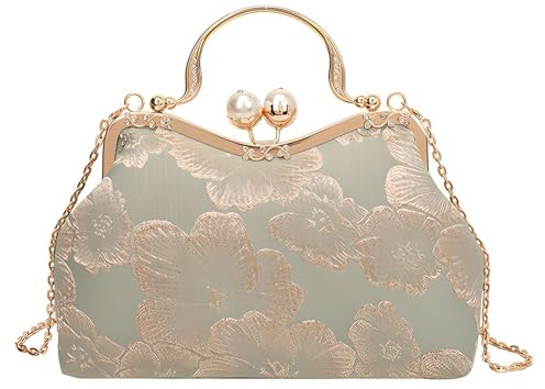 YYW Evening Clutch Bags for Women Floral Pearl Clutch Bag Bridal Bag Vintage Handbags Glitter Fashion Crossbody Bags for Wedding Party (Light Green)