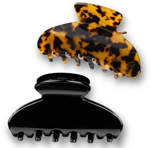 FSMILING 2 Pinzas Grandes para el Pelo de Mujer - Acetato Negro para Cabello Grueso y Fino