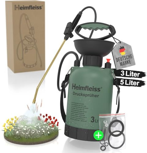 Heimfleiss® Drucksprüher 3L | Sprühflasche Pflanzen 3 Liter | Pumpsprühflasche Garten & Auto | Gartenspritze Drucksprühgerät 3L | Pump Spritzflasche Rückenspritze Pflanzensprüher für kleinere Gärten
