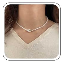 Inateannal Collar de gargantilla con cuentas de semillas Collar de gargantilla de concha corta Collar de cuentas de arroz blanco Collar de conchas marinas Collar de conchas de océano de verano