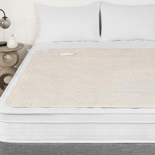 OHS King Size Electric Underblanket, Teddy Fleece Heated Mattress Topper 3 Heat Settings Quick Heat Up Easy Fit Straps Overheat Protection Heated Blanket Bed Warmer, White - 165x137cm