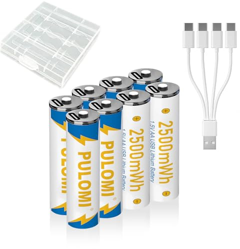 Batterie ricaricabili agli ioni di litio USB, 1,5 V, 2500 mWh, batteria AA ricaricabile, 1 ore, ricarica rapida, 1200 cicli con cavo di ricarica di tipo C, protezione da sovraccarico, confezione da 8