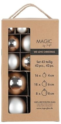 MAGIC by Inge – julgranskulor set 42 delar frostigt silver, med diameterna 4 cm, 6 cm och 8 cm, julgransprydnad glas