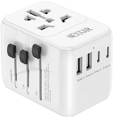 NEXXAR Universal Travel Adapter 21W – Worldwide Plug Adaptor with 2 USB-C & 2 USB-A Ports, International Power Adapter for EU, UK, US, Asia – Compact Charger for Travel