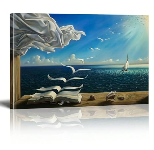 Zhadongli Art Arte murale su tela con libro e uccello, stampa su tela di Salvador Dalì, famoso dipinto su tela per soggiorno, ufficio, decorazione da parete 80x120 cm (31x47 pollici) con cornice