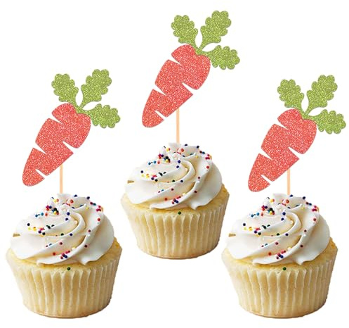 24Pcs Carrot Cupcake Toppers for Happy Easter Decorations, Easter Day Cake Topper for Birthday Baby Shower Party Supplies(Carrot