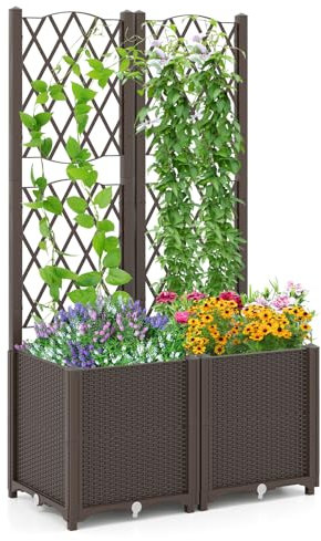 RELAX4LIFE Jardinière Surélevé avec Treillis 140CM avec 2 Bac à Fleurs, Disque Auto-Arrosant, Trous de Drainage pour Plantes Grimpantes Légumes Fleur pour Jardin Terrasse Balcon (Marron,80x40x140cm)