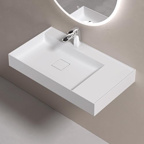 doporro Lavabo Bagno Sospeso 70 cm Rettangolare in Resina Bianco Opaco con Vasca Integrata a Sinistra e Piletta Inclusa – Colossum630