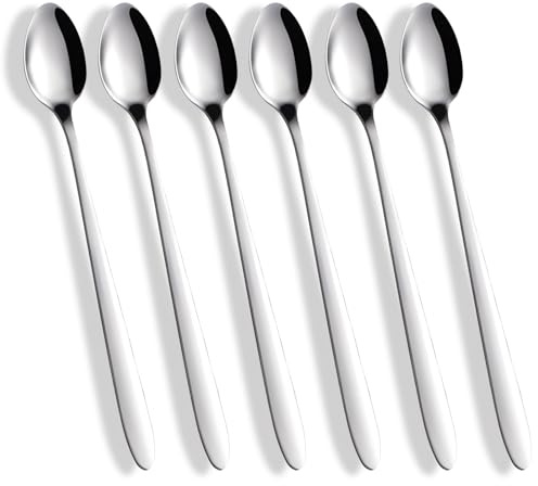 FUZVOL 6 Pcs Latte Spoons Stainless Steel Long Handle Iced Teaspoons Set 7.5”(19cm) Spoon for Cocktail Coffee Tea Cold Drinking Mixing Stirring