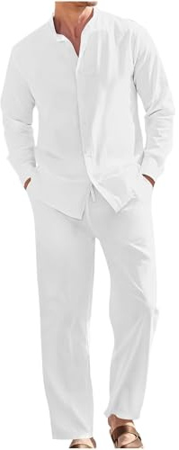 Generico Completo Estivo Uomo 2 Pezzi in Lino Cotone Camicia Maniche Corte e Pantaloncini Tuta Completa T-Shirt Maglietta Tuta Sportiva Estiva per Jogging Palestra Abbigliamento Spiaggia Casual