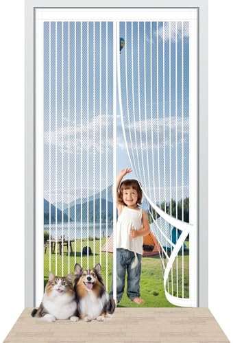 Fliegengitter Balkontür Magnet 96 x 225 cm Stärkere Magneten Insektenschutz Vorhang Ohne Bohren Einfache Installation für Holz/Aluminium Türen Und Balkon, Weiß