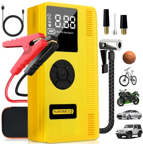 Huhomco 7-in-1 Auto Starthilfe Powerbank mit Luftkompressor, 3000A 12V Batterie Booster,150 PSI Elektrische Luftpumpe mit LCD für 9 L Benzin- / 7 L Dieselmotoren