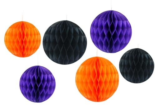 6Pcs Halloween Decorations Hanging Paper Honeycomb Pom Poms Orange Black Purple Tissue Paper Honeycomb Balls for Halloween Party Supplies Room Ceiling Wall Home Decorations