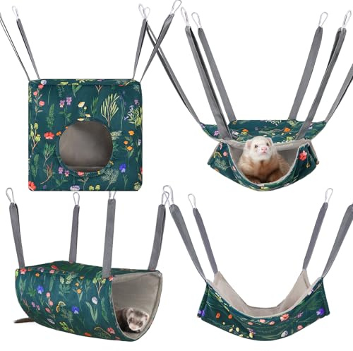 Hedgeink Frettchen Hängematten 4er Set – Waschbare Kuschelhöhle & Hängematte für Ratten, Meerschweinchen, Chinchilla – Kleintier Zubehör für Käfig, Nest, Tunnel & Schlafplatz