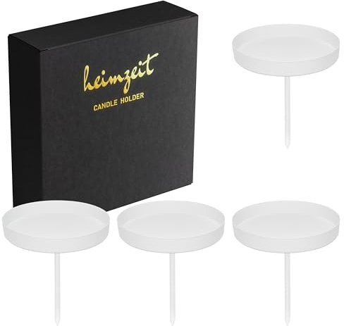 heimzeit Portavelas de Metal de Clavar para Velas Pilares y Velas de Mesahasta Ø80 mm [4 Piezas] Color: Blanco, Diseño Elegante, Pinchos para Corona de Adviento para una Decoración Refinada