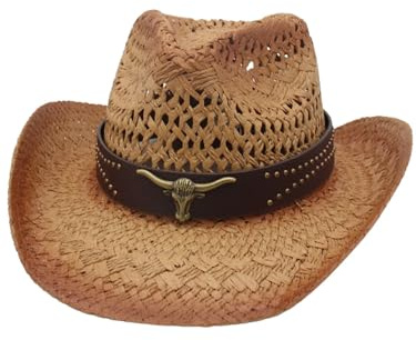 Felcia Chapeau de cowboy en paille tissé pour homme et femme, chapeau de cowboy occidental, deux bandes décoratives