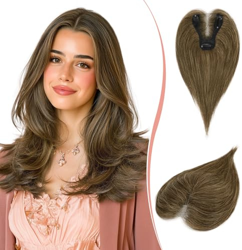 RUWISS Haar Toppers Echthaar für Damen Echthaar Topper Braun mit Blonden Highlights Glatter Hair Topper Clip in Haarteil ohne Pony für Frauen