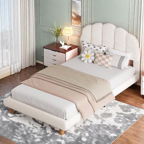 JYNVO 90 x 200 cm klädselsäng, barnsäng med halvcirkelformad sänggavel, enkelsäng med justerbar sänggavel, sängram av träribbor, ungdomssäng, mjuk cirkellugg, vit