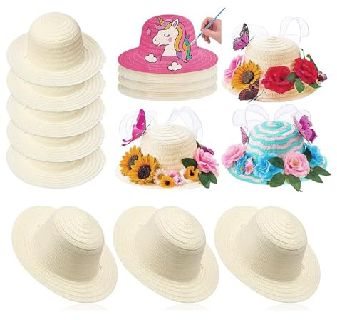 Exogio Juego de 20 sombreros de paja DIY, sombrero de sol para playa, verano, trabajo, sombreros de campesino para hombres, mujeres, niños, decoración de fiesta de cumpleaños de vaquero