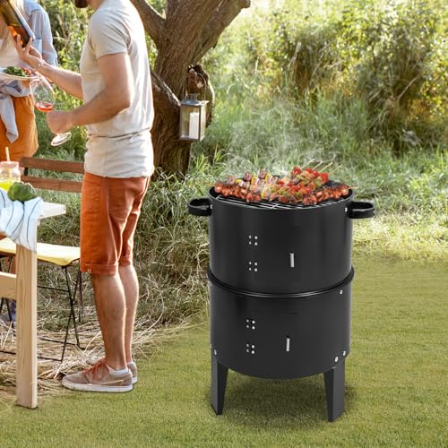 Horno de ahumar desmontable 3 en 1, parrilla multifuncional de carbón vegetal de doble capa, barril de humo, con termómetro y salida de aire regulable en la tapa, color negro