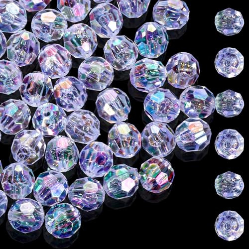Heclia 200PCS 10mm Acrylic AB Faceted Round Spacer Beads Crystal Glass Rondelle Loose Beads Bulk for DIY Jewelry Making Craft, Clear Faceted Briolette Gemstones for Bracelets Necklace Earring Pendants