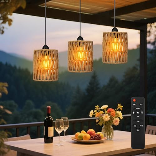3er Set Hängelampen mit Fernbedienung - Dimmbare Rattan Pendelleuchte IP44 Wasserdicht - Boho Hängeleuchte für Garten, Terrasse, Wohnzimmer - Innen & Außen ohne Stromanschluss - Batteriebetrieben