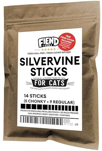 Fiend Silvervine-pinnar för katter – äkta torkade silvervinstockar + kattmynta infunderade – 14 stycken (5 tjocka + 9 vanliga) leksaker gjorda av naturen för lekinstinkter och shenanigans – skapa ett