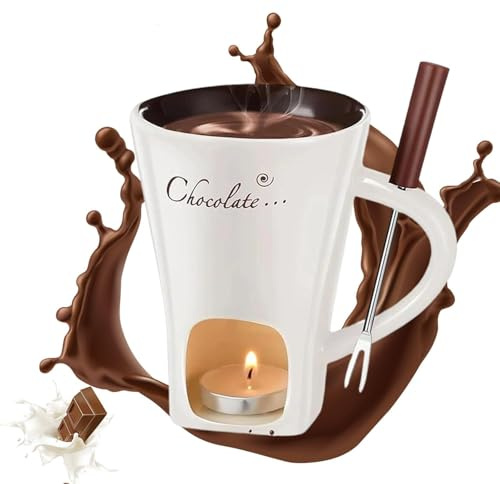 Chocolate Fondue Mug with Forks, Chocolate Melting Cup for Chocolate Cheese & Desserts Ceramic Fondue Pot Set Ideal Gift for Date Nights Birthdays Anniversary Weddings (Beige)