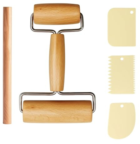 Nudelholz Holz, 5-teiliges Set mit Teigrollen und Schabern, Nudelholz klein, Ideal für Pizza, Teigroller Set Backzubehör für Fondant, Kekse und Knödel, praktisches Backzubehör