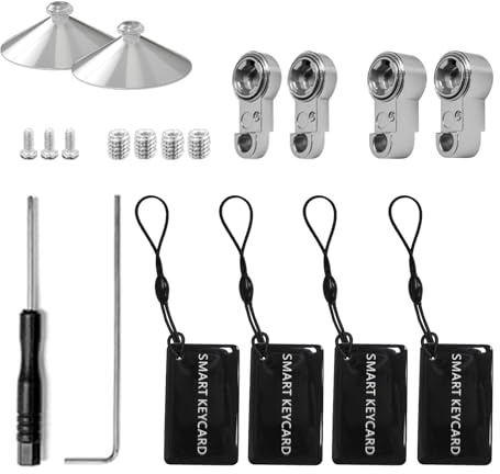 Accessoires d'extension 70-90 mm * 4, carte - clé NFC * 4, ventouse * 2, vis de rechange * 4, vis de boîtier de batterie * 3, vis cruciforme * 1, tournevis à 6 coins * 1