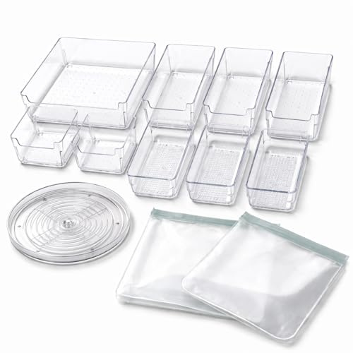 Kühlschrank Schubladen Organizer Set 12-Teilig – Transparente Aufbewahrungsboxen mit Drehteller & Beuteln – Ordnungssystem für Kühlschrank & Schublade – Platzsparend, Vielseitig & Übersichtlich