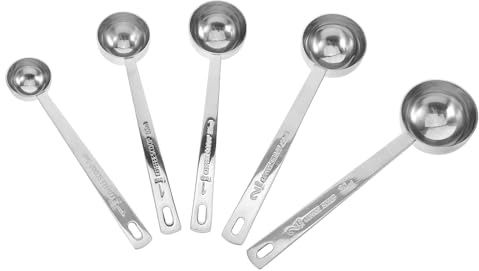 MOKKHNB 5 cucharas medidoras de café: Cucharas medidoras de acero inoxidable para café molido, té a granel y uso en la cocina (5 ml/10 ml/15 ml/20 ml/30 ml).