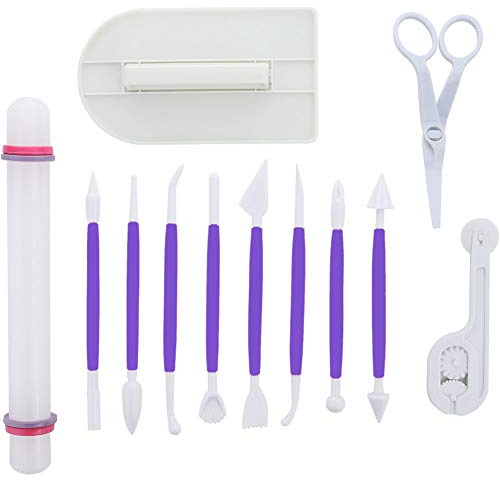 ScivoKaval Marshmallow Fondant Cake Decorating Hand Tool 12 Pcs 5 Sets Sugarcraft Gumpaste Icing Smoother Rolling Pin Trimmer Cutter Embosser Flower Scissor Modelling Accessories Supplies Kit Purple