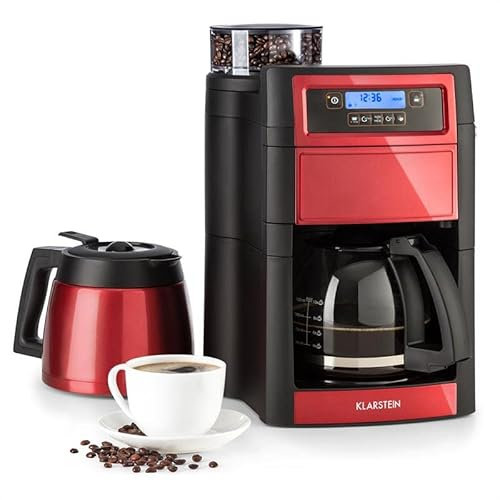 Klarstein Machines à Café Automatiques, Cafetiere a Grain avec Broyeur 1000W, Minuterie et Filtre à charbon actif, 5 Niveaux de Mouture, 10 Tasses, Cafetière à Expresso