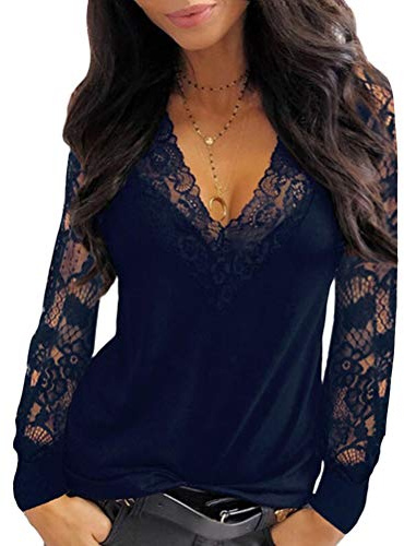 ORANDESIGNE Chemisier Sexy Femme Tunique Haut Manches Longues Évidé Top Automne Blouse Dentelle Chemisier Col V T-Shirt Chic Bleu Foncé L