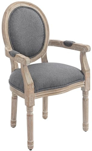 HOMCOM Silla de comedor Silla de salón medallón estilo Luis XVI madera maciza patinada tallada tela lino gris