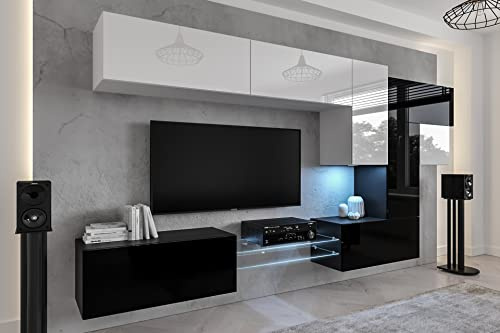 Ensemble Meuble TV Mural Suspendu Salon – Meuble Salon Design Moderne avec colonnes - Vitrines et rangements avec éclairage LED Bleue (AN92NEW-21WB-HG3)