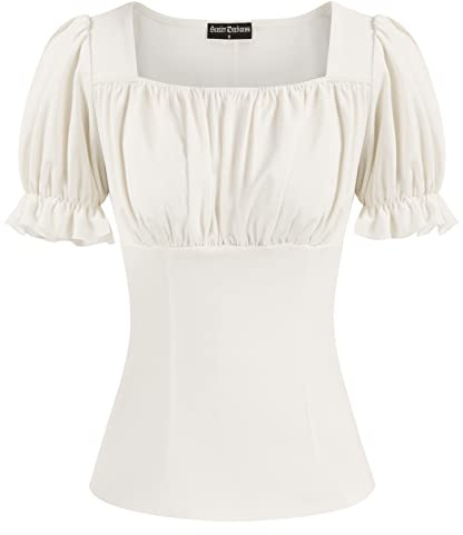 Scarlet Darkness Women's Renaissance Shirt Puff Sleeve Square Neck Vintage Blouse, B-White, M