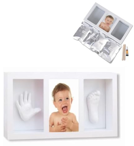 Canguro Set di Impronte Mani e Piedi in Gesso 3D Bambini Cornice Foto in Legno, Colori:whitely