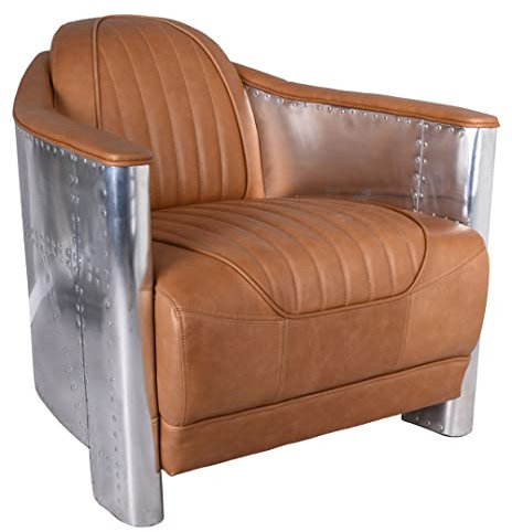 PALAZZO INT Cognac Aviator Ledersessel mit DC3-Alu-Verkleidung – Handgefärbtes Echtleder im Vintage Art Deco Stil – Exklusiver Flugzeug-Armlehnsessel (80 x 74 x 88 cm) für Nostalgie & Komfort