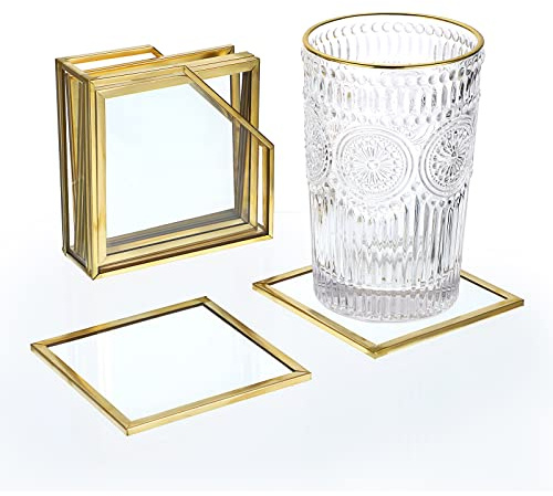 SUMTree Gold Glass Drink Coasters with Holder, 7Pcs Cup Pad Mats, Square