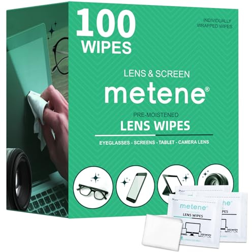 Metene Lens Cleaning Wipes, 100 PCS Individually Wrapped Glasses Wipes | Pre-Moistened Lens Wipes Scratch & Streak-Free Cleaner for Eyeglasses, Sunglasses, Camera Lenses, Computer Screens & Tablets