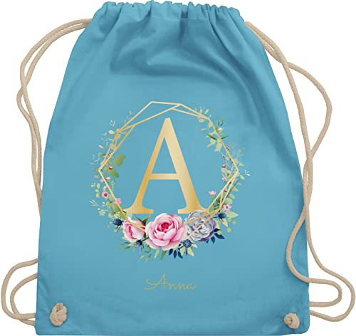 Turnbeutel Rucksack - Initialen - Buchstabe I Namensgeschenk Namenstag Geschenke mit Namen - Unisize - Hellblau - kindergarten schulkind beutel buchstaben a stoffbeutel kindergartentasche