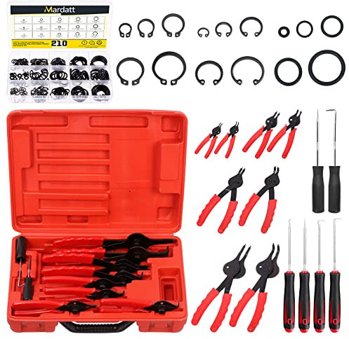 Mardatt 225Pcs Snap Ring Pliers Set Includes Straight & Bent Retaining Ring Pliers, 5 Sizes C-Clips, Rubber Gaskets & Precision Hook Set for Lawnmowers