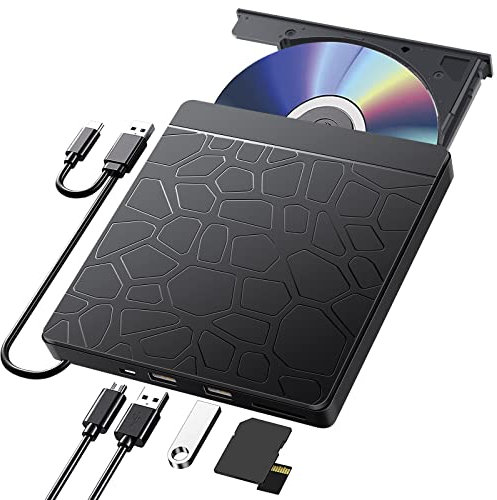 Labtec Lettore CD DVD esterno per computer portatile Windows 11 10, USB 3.0 e Type-C portatile CD DVD +/-RW ROM lettore masterizzatore con slot SD TF e porte USB, lettore DVD/CD sottile per Linux