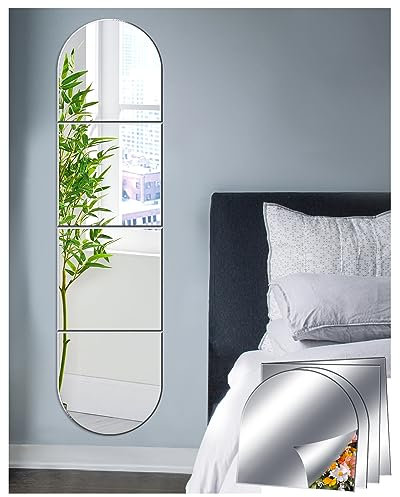 Sqinor Self Adhesive Acrylic Mirror Stick On Full Length Mirrors, Sticky Plexiglass Mirror Tiles Wall Stickers Door Full Body Long Wall Mirrors for Bedroom Living Room Gym Hallway Walls